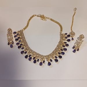 Purple rhinestone necklace, earrings, headpiece (mangtika) set
